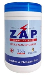 SANITIZER WIPES/ ZAP 75% ALCOHOL/ Canister/ 160 Count